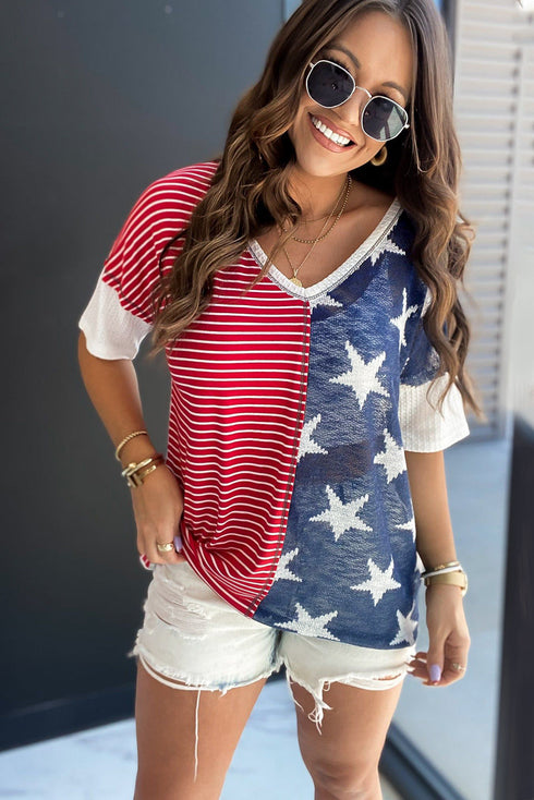Stripes Stars Print Knit Short Sleeves Top
